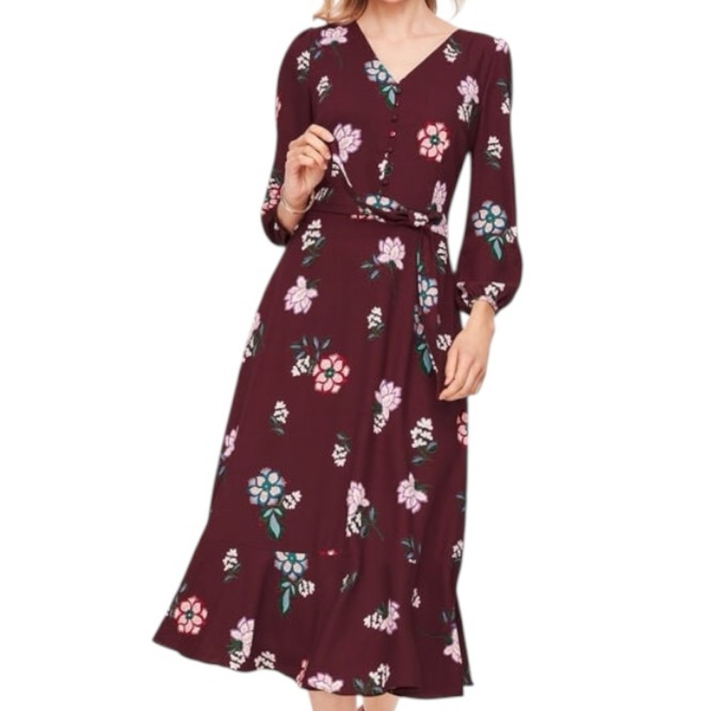 Talbots Maroon Floral Midi Wrap Dress
